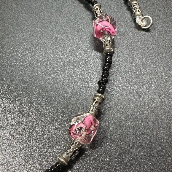 Artisan Made Floral Pendant Beaded Necklace With Pink Black Glass Beads - Picture 4 of 4